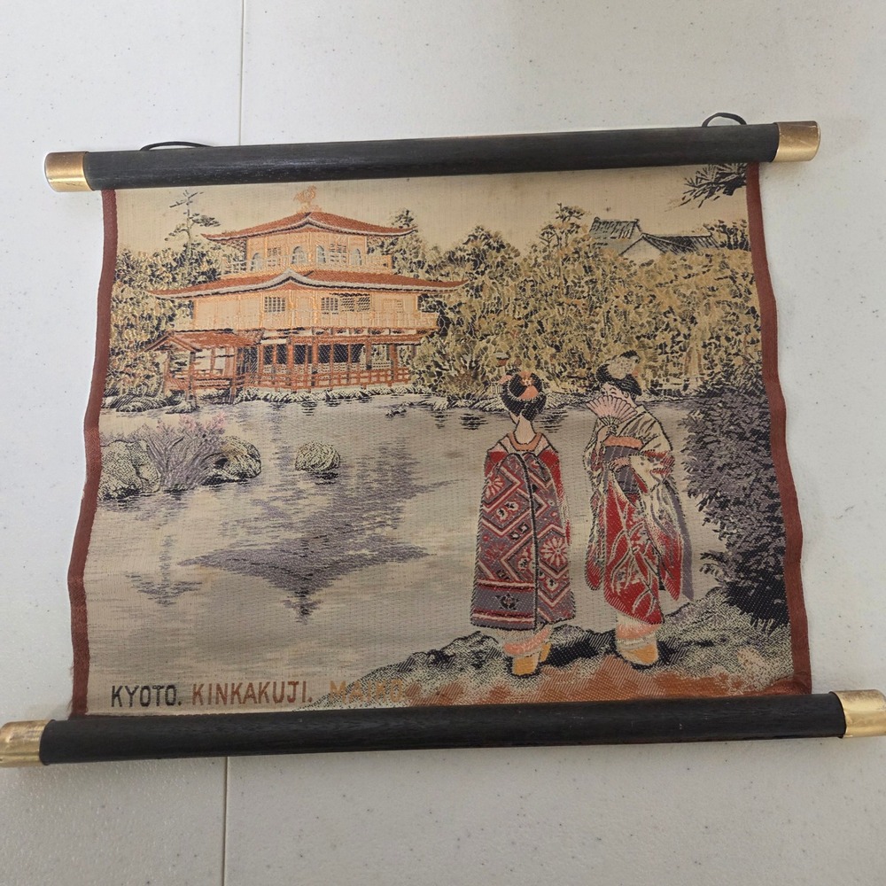 Vintage Kyoto Kinkakuji Maiko Woven Fabric Wall Hanging Scroll Japanese Art